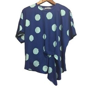 Zara Trafaluc Polka Dot Top‎ Womens L Blue Mint Excellent Asymmetric Tie Hem